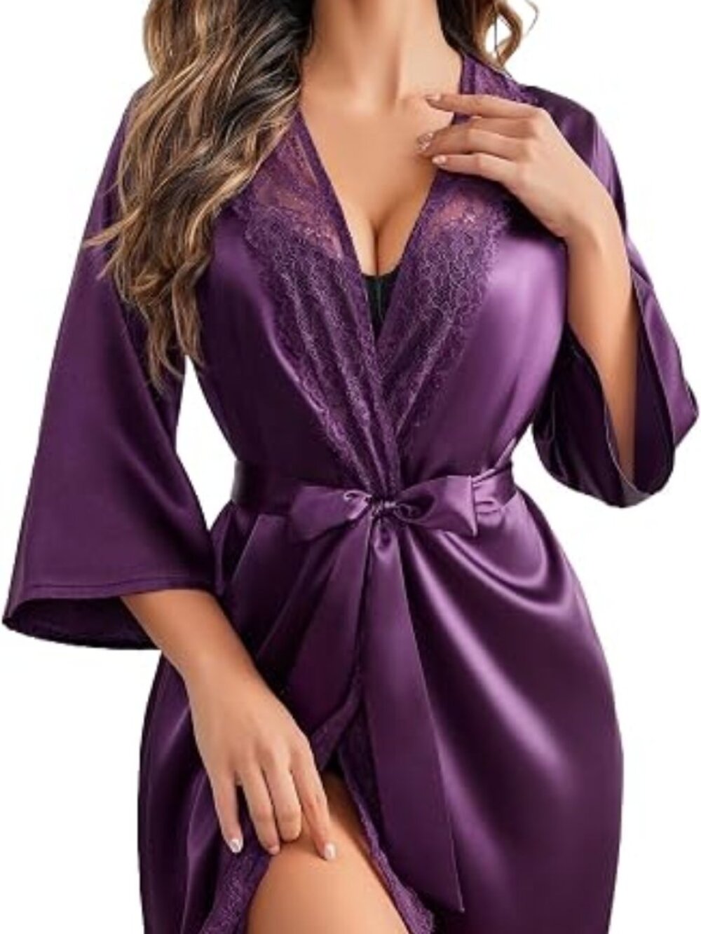 Women's Kimono Robe Short Satin Pure Short Silky Robes V-Neck Sleepwear Purple
